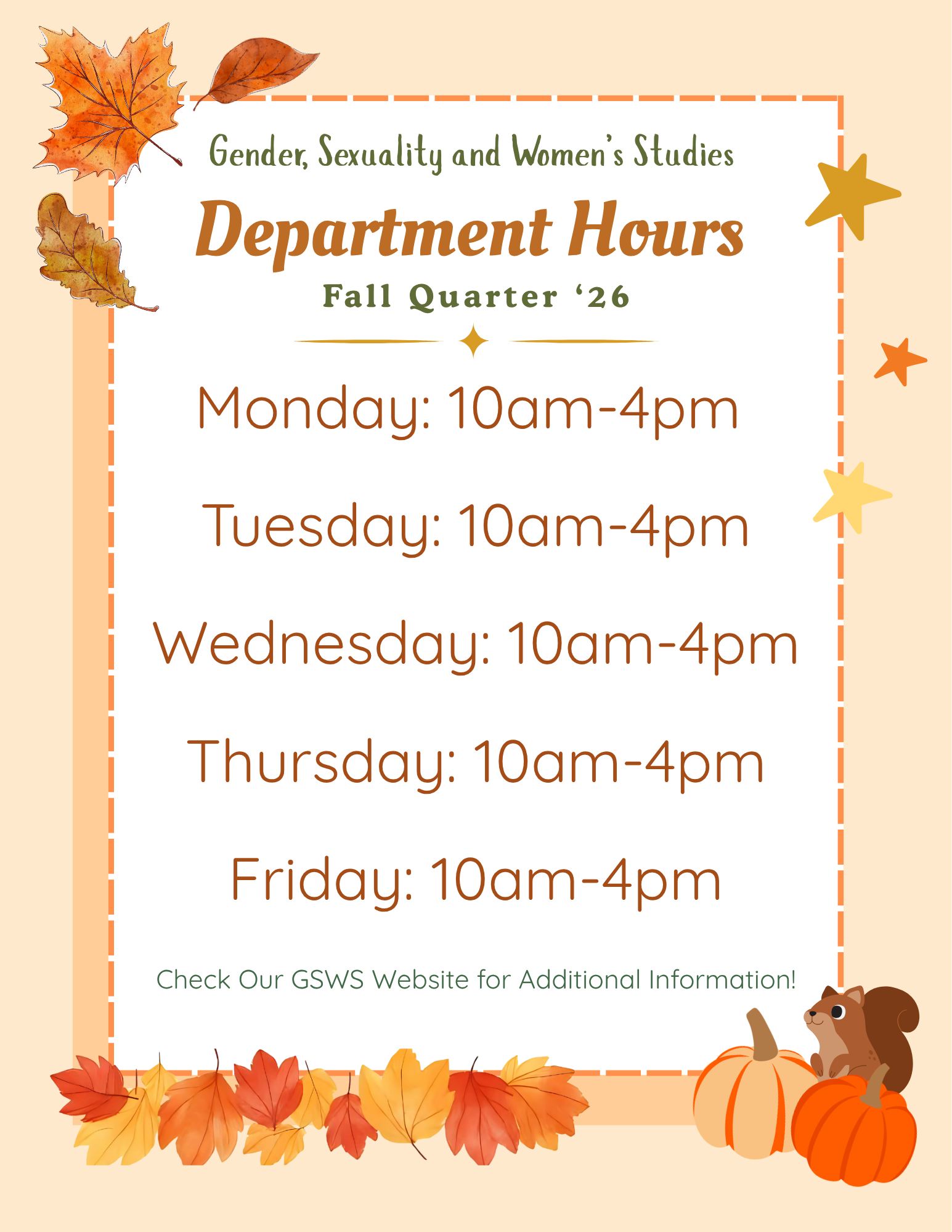 Fall-themed graphic: department hours Mon–Fri 10am–4pm, autumn leaves and pumpkins